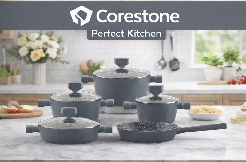 PERFECT KITCHEN طقم أواني طهي 9 قطع بأسطح غير لاصقة - مقابض باكليت - أغطية من الزجاج المقوى رمادي داكن - Image 1